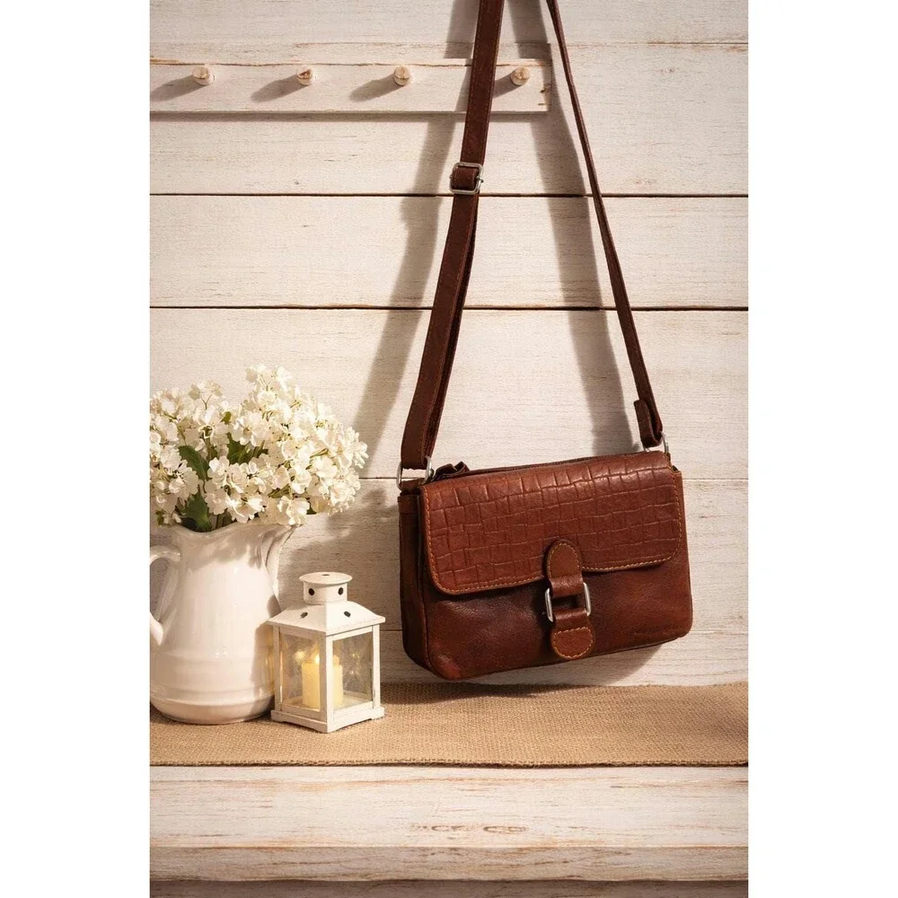 Vintage Jack Georges Brown Leather Crossbody Bag – Woven Embossed Flap Shoulder